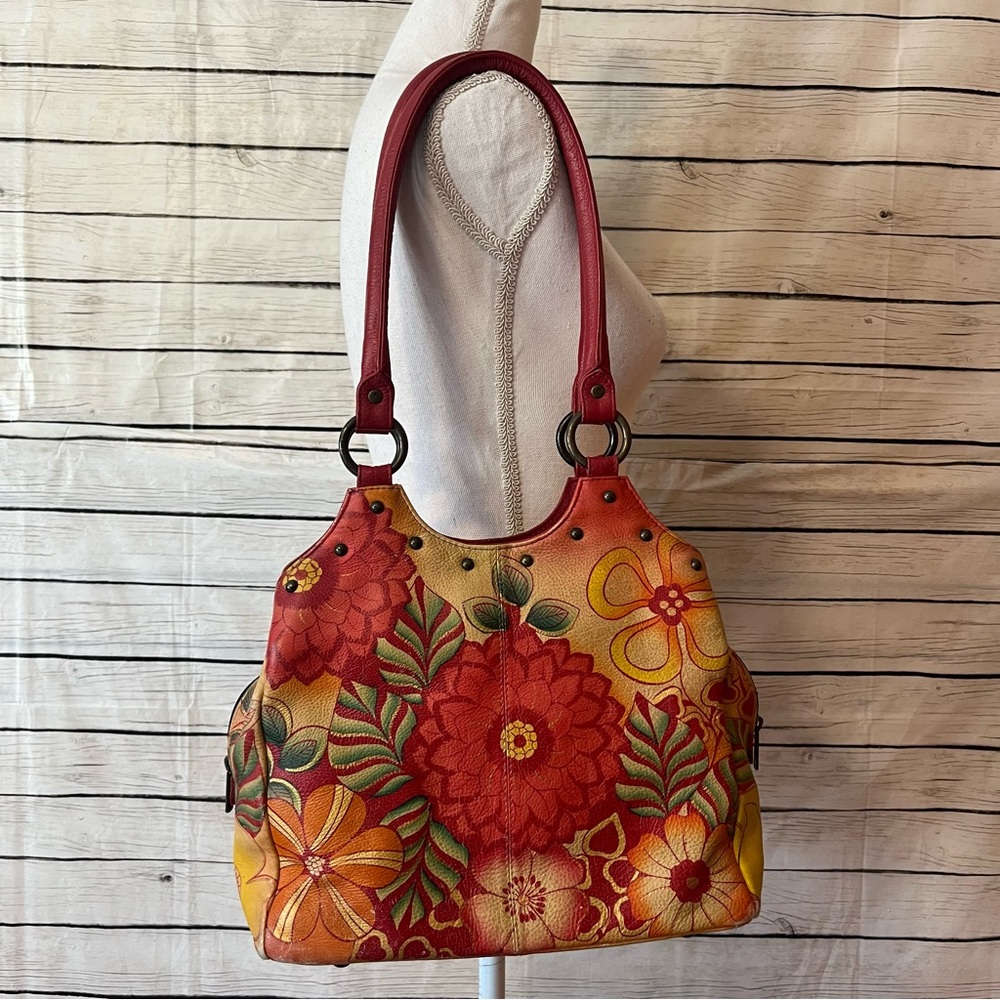 Anuschka Poppy Leather Handpainted Medium Shoulder Handbag